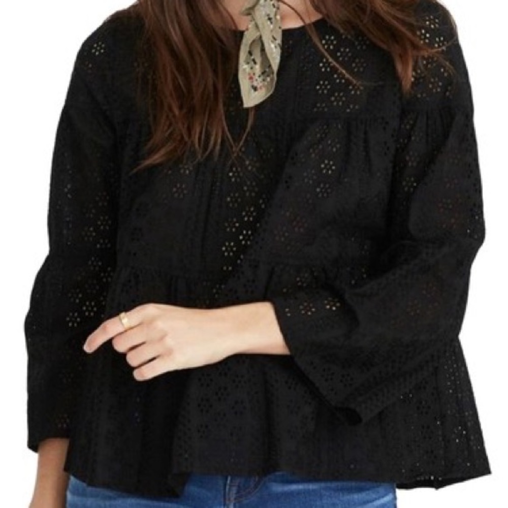 MADEWELL Eyelet Tiered Button Up Back Top M Blk - Picture 4 of 7